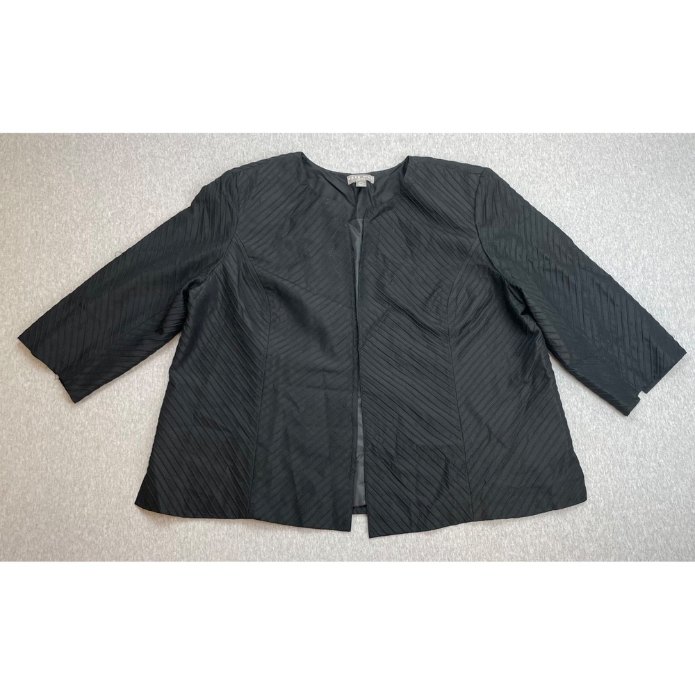 Kate Hill Jacket Women 3X Black 100% Silk Pin-Tuck Open Collarless‎ 3/4 Sleeve